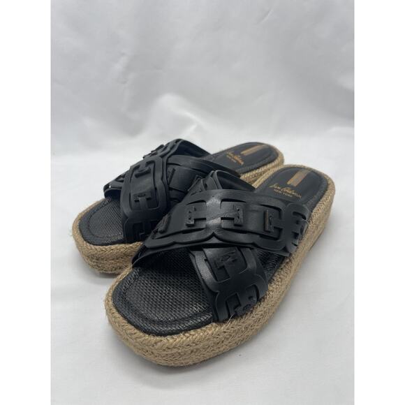 Sam Edelman Pria Platform Slides Sandals 5M Black Leather Boho Espadrille Logo - Picture 1 of 9